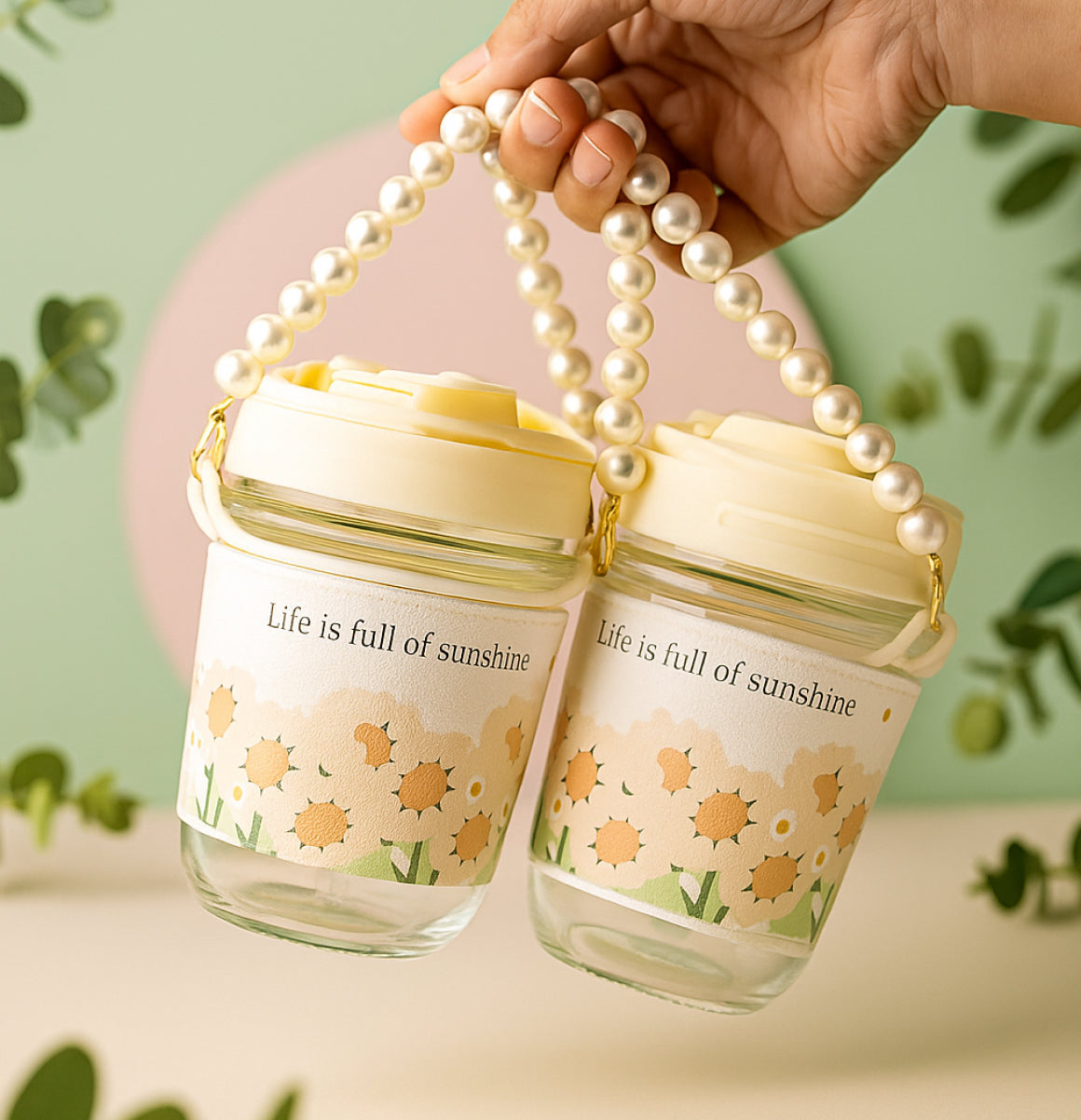 Sweet Bloom Glass Cup with Pearl Chain & ‘Enjoy the Little Things’ Quote – 350 ml