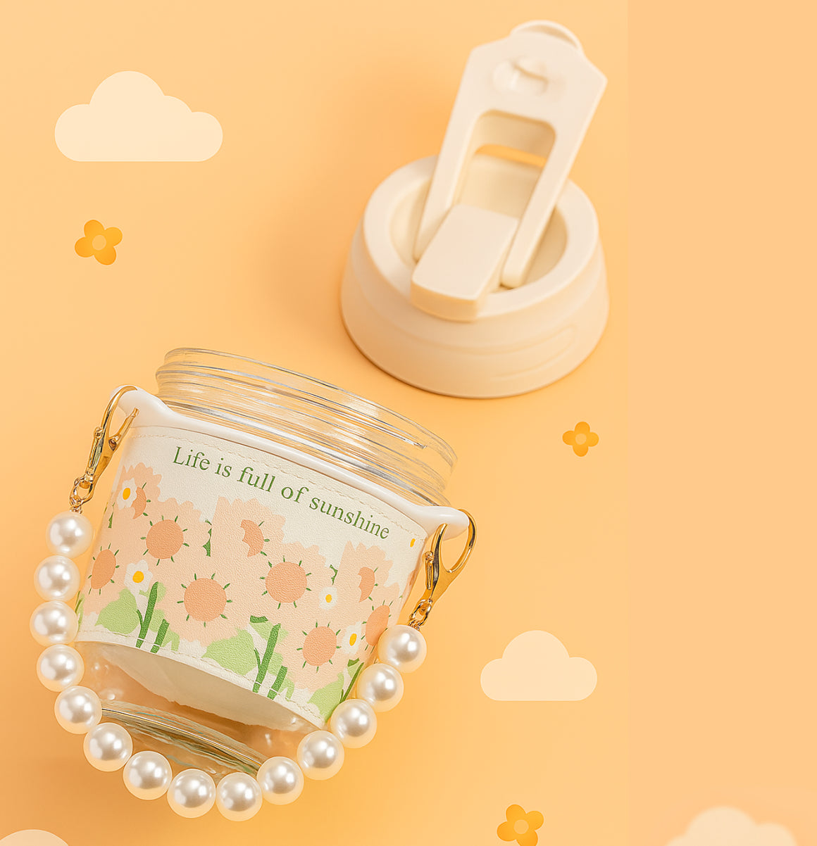 Sweet Bloom Glass Cup with Pearl Chain & ‘Enjoy the Little Things’ Quote – 350 ml