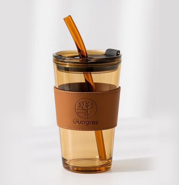 Beer Leather Glass Tumbler with Straw & Lid – 400 ml Mojito, Coffee & Tea Lovers, Sipper Mug (Brown)