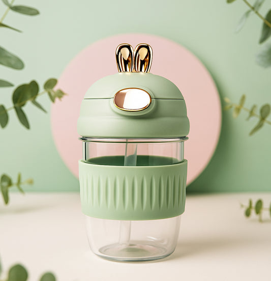 Premium 350 ml Reusable Glass Sipper Bottle with Straw & Lid, Anti-Slip Grip, Eco-Friendly Water Tumbler for Juice, Milk & Smoothies