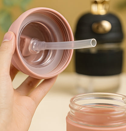Premium 350 ml Reusable Glass Sipper Bottle with Straw & Lid, Anti-Slip Grip, Eco-Friendly Water Tumbler for Juice, Milk & Smoothies