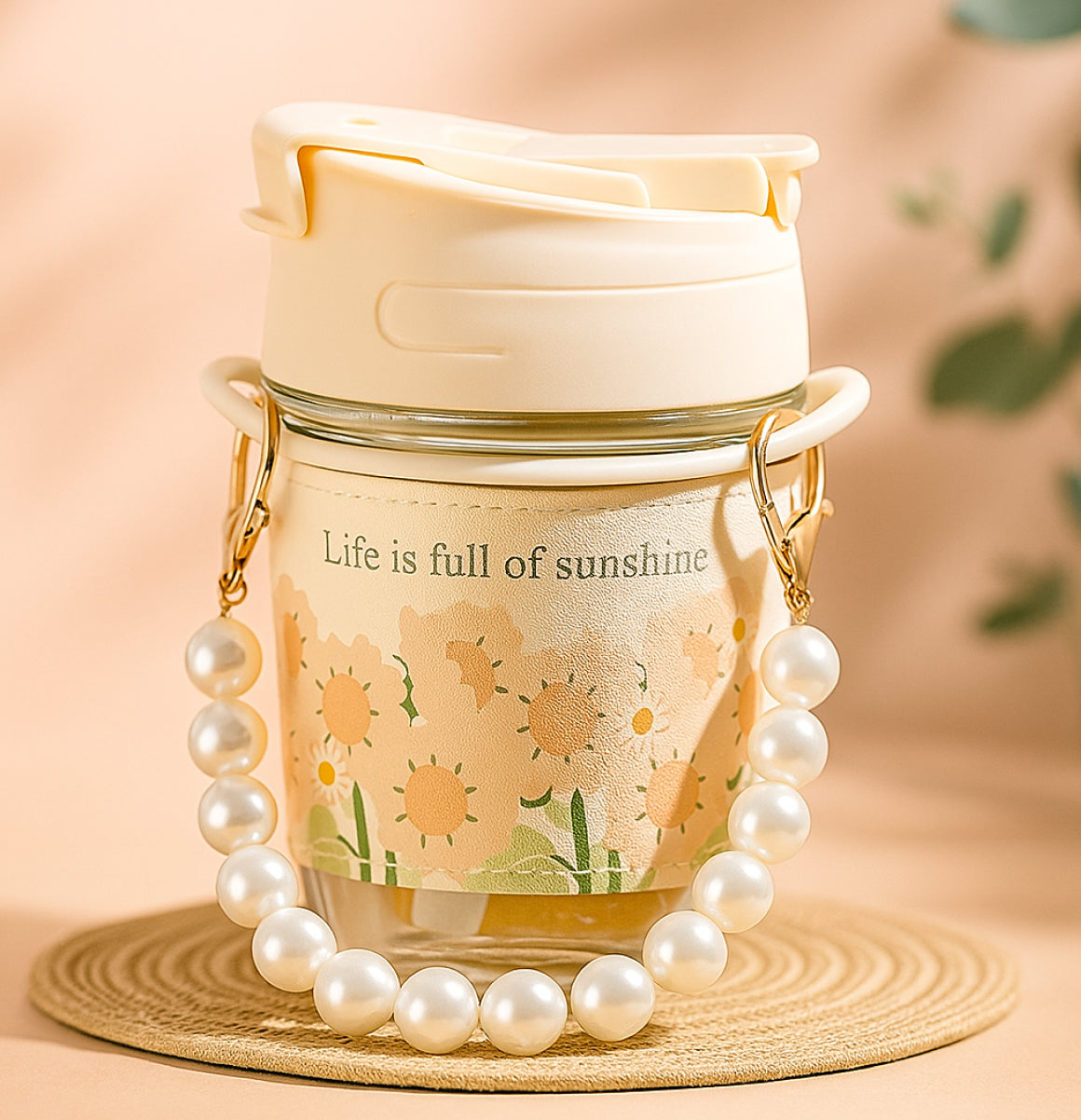 Sweet Bloom Glass Cup with Pearl Chain & ‘Enjoy the Little Things’ Quote – 350 ml