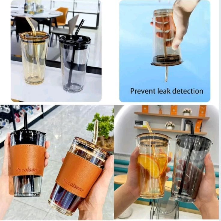 Beer Leather Glass Tumbler with Straw & Lid – 400 ml Mojito, Coffee & Tea Lovers, Sipper Mug (Brown)