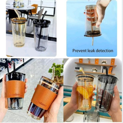 Beer Leather Glass Tumbler with Straw & Lid – 400 ml Mojito, Coffee & Tea Lovers, Sipper Mug (Brown)