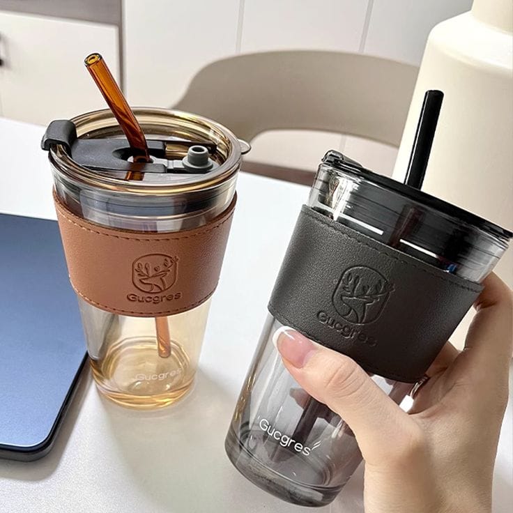 Beer Leather Glass Tumbler with Straw & Lid – 400 ml Mojito, Coffee & Tea Lovers, Sipper Mug (Brown)